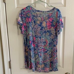 Lilly Pulitzer Blue and Pink Floral Short Sleeve Top